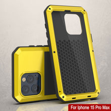 Cargar imagen en el visor de la galería, Funda de metal iPhone 15 Pro Max, resistente y robusta de grado militar [a prueba de golpes] de cuerpo completo [amarilla]
