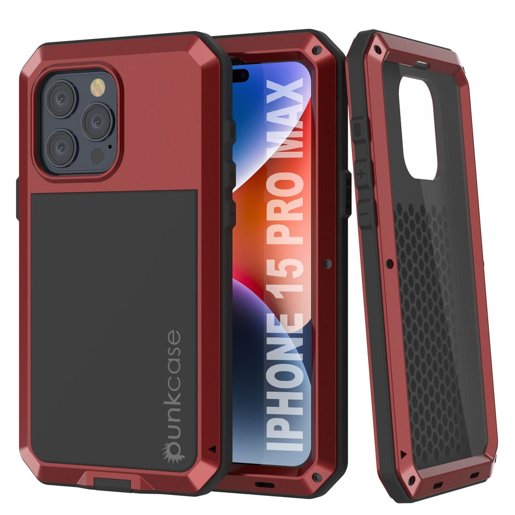 Funda de metal para iPhone 15 Pro Max, resistente de grado militar [a prueba de golpes]. Cubierta rígida de cuerpo completo [roja].