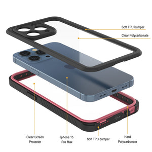 Funda impermeable para iPhone 15 Pro Max, Punkcase [Serie Extrema] Cubierta de armadura con protector de pantalla incorporado [Rosa]