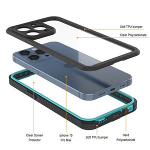 Carcasa resistente al agua para iPhone 15 Pro Max, Punkcase [Serie Extrema] Cubierta de Armadura con Protector de Pantalla Incorporado [Turquesa]