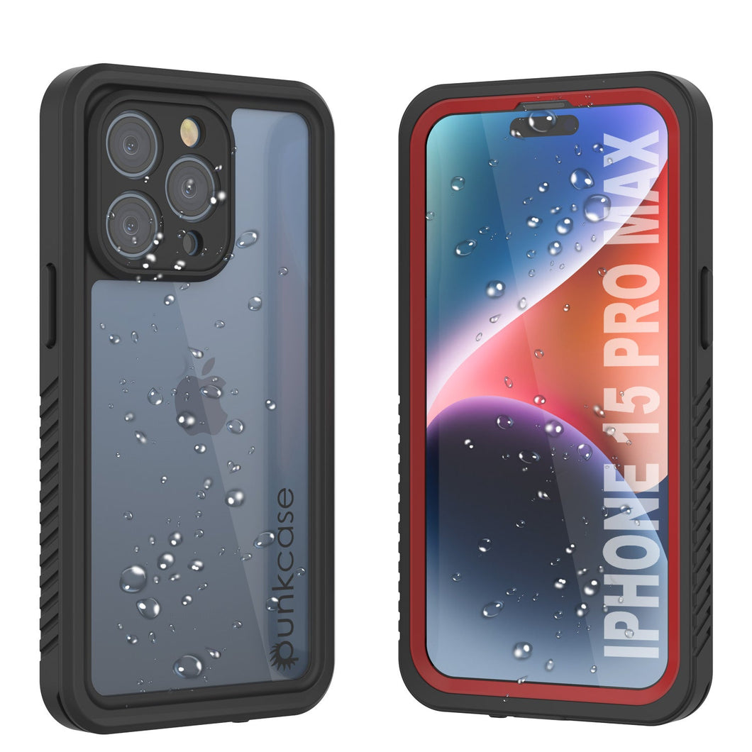 Funda impermeable para iPhone 15 Pro Max, Punkcase [Serie Extrema] Cubierta protectora de armadura con protector de pantalla integrado [Rojo]
