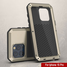 Cargar imagen en el visor de la galería, Funda de metal para iPhone 15 Pro, resistente militar de grado superior, cubierta a prueba de golpes para todo el cuerpo [dorada].
