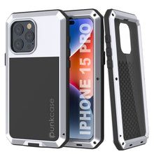 Cargar imagen en el visor de la galería, Carcasa de metal para iPhone 15 Pro, cubierta resistente de grado militar de servicio pesado [a prueba de golpes] cuerpo completo duro [blanco].
