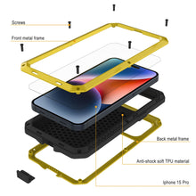 Cargar imagen en el visor de la galería, Estuche de metal para iPhone 15 Pro, resistente de grado militar [a prueba de golpes], cubierta resistente de cuerpo completo [amarilla].
