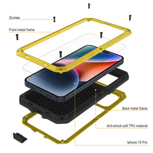 Estuche de metal para iPhone 15 Pro, resistente de grado militar [a prueba de golpes], cubierta resistente de cuerpo completo [amarilla].