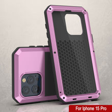 Cargar imagen en el visor de la galería, Funda de metal para iPhone 15 Pro, resistente y de grado militar [a prueba de golpes], cubierta dura de cuerpo completo [rosa].
