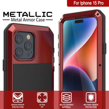 Cargar imagen en el visor de la galería, Estuche metálico para iPhone 15 Pro, cubierta de armadura resistente de grado militar [a prueba de golpes], cuerpo completo duro [rojo].
