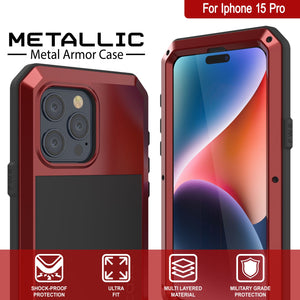 Estuche metálico para iPhone 15 Pro, cubierta de armadura resistente de grado militar [a prueba de golpes], cuerpo completo duro [rojo].
