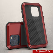 Cargar imagen en el visor de la galería, Estuche metálico para iPhone 15 Pro, cubierta de armadura resistente de grado militar [a prueba de golpes], cuerpo completo duro [rojo].

