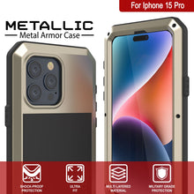Cargar imagen en el visor de la galería, Funda de metal para iPhone 15 Pro, resistente militar de grado superior, cubierta a prueba de golpes para todo el cuerpo [dorada].
