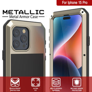 Funda de metal para iPhone 15 Pro, resistente militar de grado superior, cubierta a prueba de golpes para todo el cuerpo [dorada].