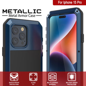 Estuche de metal iPhone 15 Pro, Cubierta de alta resistencia y grado militar [a prueba de golpes] Todo el cuerpo duro [Azul]