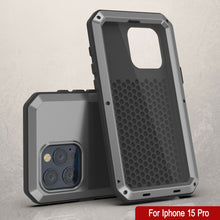 Cargar imagen en el visor de la galería, Funda de metal para iPhone 15 Pro, resistente militar de grado pesado [a prueba de golpes] cuerpo completo duro [plata]

