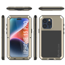 Cargar imagen en el visor de la galería, Funda de metal para iPhone 15 Pro, resistente militar de grado superior, cubierta a prueba de golpes para todo el cuerpo [dorada].
