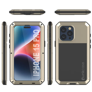 Funda de metal para iPhone 15 Pro, resistente militar de grado superior, cubierta a prueba de golpes para todo el cuerpo [dorada].