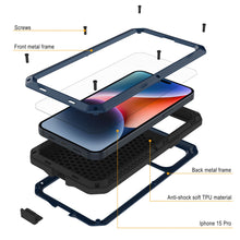 Cargar imagen en el visor de la galería, Estuche de metal iPhone 15 Pro, Cubierta de alta resistencia y grado militar [a prueba de golpes] Todo el cuerpo duro [Azul]
