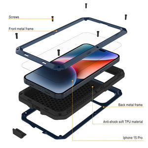 Estuche de metal iPhone 15 Pro, Cubierta de alta resistencia y grado militar [a prueba de golpes] Todo el cuerpo duro [Azul]