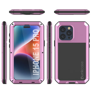 Funda de metal para iPhone 15 Pro, resistente y de grado militar [a prueba de golpes], cubierta dura de cuerpo completo [rosa].