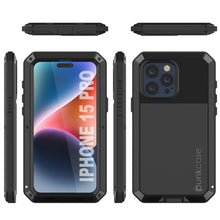Cargar imagen en el visor de la galería, Funda de metal para iPhone 15 Pro, resistente de grado militar [a prueba de golpes], cobertura total de cuerpo duro [negro].
