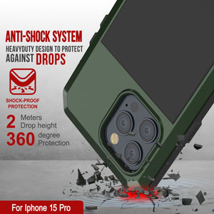 Estuche metálico para iPhone 15 Pro, resistente de grado militar [a prueba de golpes] con cobertura de armadura resistente. Cuerpo completo duro [verde oscuro].