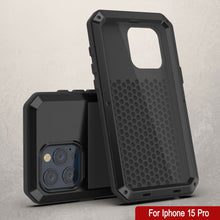 Cargar imagen en el visor de la galería, Funda de metal para iPhone 15 Pro, resistente de grado militar [a prueba de golpes], cobertura total de cuerpo duro [negro].
