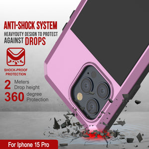 Funda de metal para iPhone 15 Pro, resistente y de grado militar [a prueba de golpes], cubierta dura de cuerpo completo [rosa].