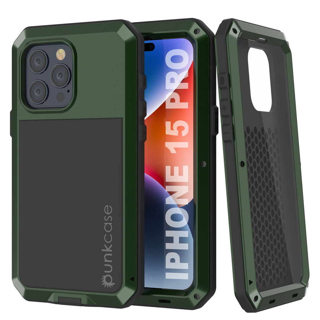 Estuche metálico para iPhone 15 Pro, resistente de grado militar [a prueba de golpes] con cobertura de armadura resistente. Cuerpo completo duro [verde oscuro].