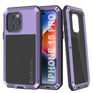 Carcasa de Metal para iPhone 15 Pro, resistente y de grado militar, cubierta blindada [a prueba de golpes], dura de cuerpo completo [morada].