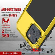 Cargar imagen en el visor de la galería, Estuche de metal para iPhone 15 Pro, resistente de grado militar [a prueba de golpes], cubierta resistente de cuerpo completo [amarilla].
