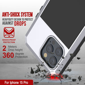 Carcasa de metal para iPhone 15 Pro, cubierta resistente de grado militar de servicio pesado [a prueba de golpes] cuerpo completo duro [blanco].