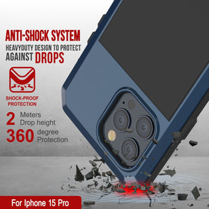 Estuche de metal iPhone 15 Pro, Cubierta de alta resistencia y grado militar [a prueba de golpes] Todo el cuerpo duro [Azul]