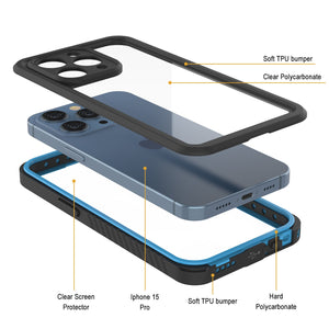 Funda impermeable para iPhone 15 Pro, Punkcase [Serie Extrema], con cubierta reforzada y protector de pantalla incorporado [Azul claro].