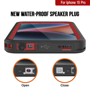 Funda resistente al agua para iPhone 15 Pro, Punkcase [Serie Extrema] Cubierta blindada con protector de pantalla incorporado [Rojo]