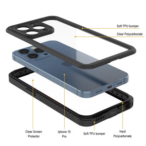 iPhone 15 Pro Waterproof Case, Funda resistente al agua Punkcase [Extreme Series] con protector de pantalla incorporado [Negro]