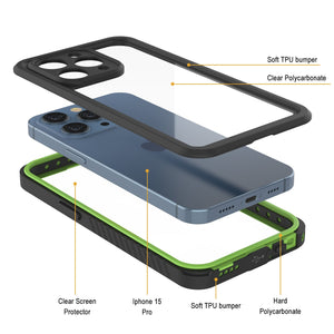 Funda impermeable para iPhone 15 Pro, Punkcase [Serie Extrema] Cubierta protectora blindada con protector de pantalla incorporado [Verde claro]