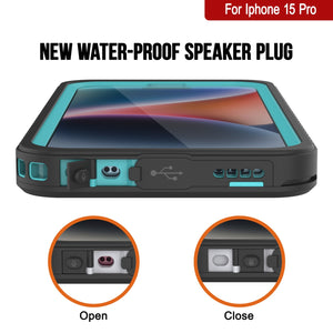 Funda impermeable para iPhone 15 Pro, Punkcase [Serie Extrema] Cubierta con armadura y protector de pantalla incorporado [Turquesa]