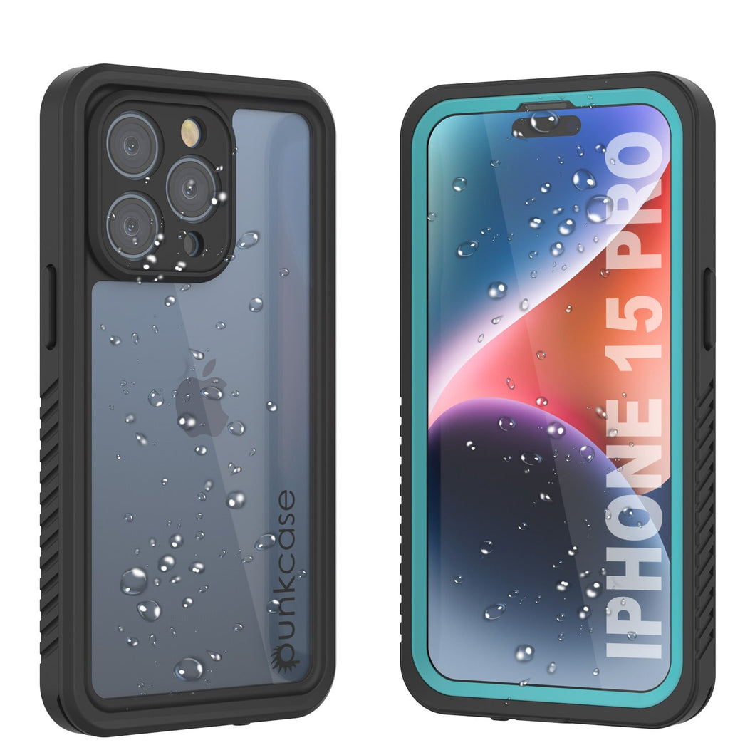 Funda impermeable para iPhone 15 Pro, Punkcase [Serie Extrema] Cubierta con armadura y protector de pantalla incorporado [Turquesa]