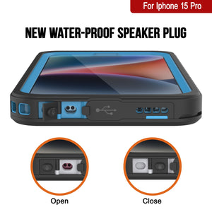 Funda impermeable para iPhone 15 Pro, Punkcase [Serie Extrema], con cubierta reforzada y protector de pantalla incorporado [Azul claro].