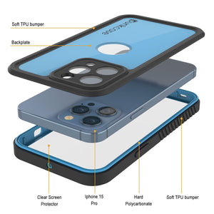 Funda impermeable IP68 para iPhone 16 Pro, Punkcase [Azul claro] [Serie StudStar] [Ajuste fino] [A prueba de suciedad]
