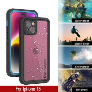 Funda impermeable para iPhone 15, Punkcase [Extreme Series], cubierta blindada con protector de pantalla incorporado [Azul claro].