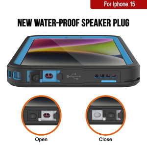 Funda impermeable para iPhone 15, Punkcase [Extreme Series], cubierta blindada con protector de pantalla incorporado [Azul claro].