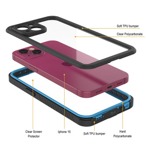 Funda impermeable para iPhone 15, Punkcase [Extreme Series], cubierta blindada con protector de pantalla incorporado [Azul claro].