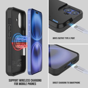 Estuche con batería para iPhone 16, PunkJuice 5000 mAh, cargador portátil de carga rápida MagSafe con protector de pantalla | [Negro]