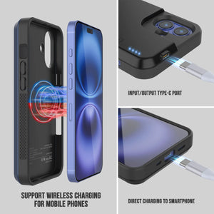 Estuche con batería para iPhone 16, batería externa PunkJuice de 5000 mAh con carga rápida MagSafe y protector de pantalla | [Azul marino]