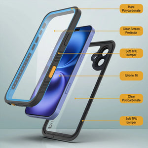 Funda impermeable para iPhone 16, Punkcase [Extreme Series] Armor Cover con protector de pantalla incorporado [azul claro]