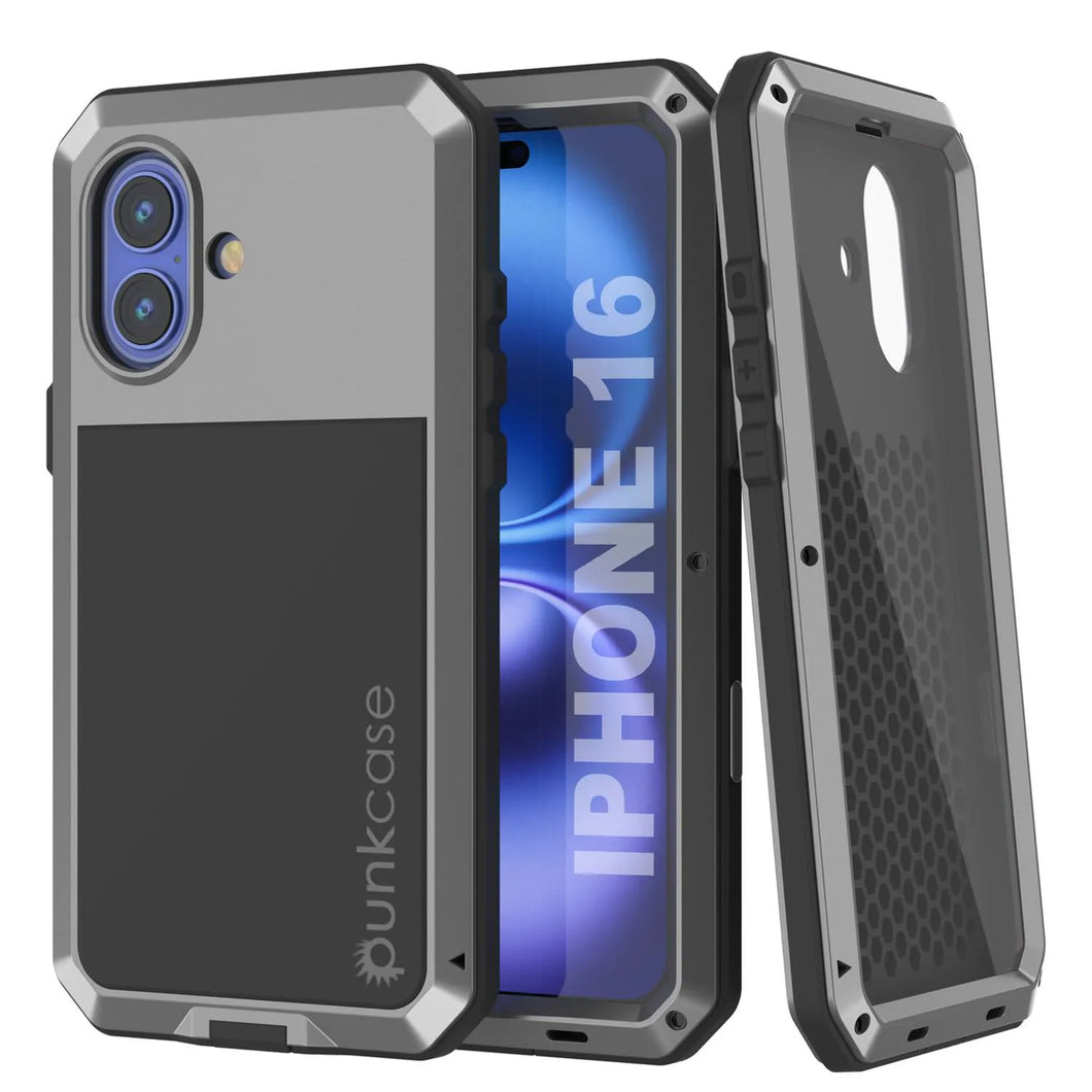 Funda de metal para iPhone 16, carcasa de armadura de grado militar resistente [a prueba de golpes], carcasa rígida de cuerpo completo [plateada]