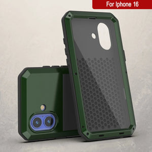 Funda de metal para iPhone 16, carcasa resistente de grado militar [a prueba de golpes], carcasa rígida de cuerpo completo [verde oscuro]