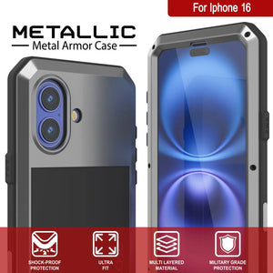 Funda de metal para iPhone 16, carcasa de armadura de grado militar resistente [a prueba de golpes], carcasa rígida de cuerpo completo [plateada]