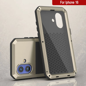 Funda de metal para iPhone 16, carcasa resistente de grado militar [a prueba de golpes], carcasa rígida de cuerpo completo [dorada]
