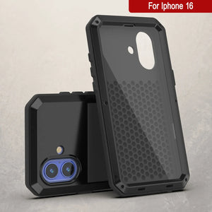 Funda de metal para iPhone 16, carcasa de armadura de grado militar resistente [a prueba de golpes], carcasa rígida de cuerpo completo [negra]